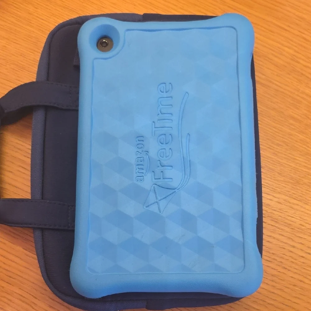 Amazon Fire Tablet with Light Blue Hard Case and Dark Blue Soft Case